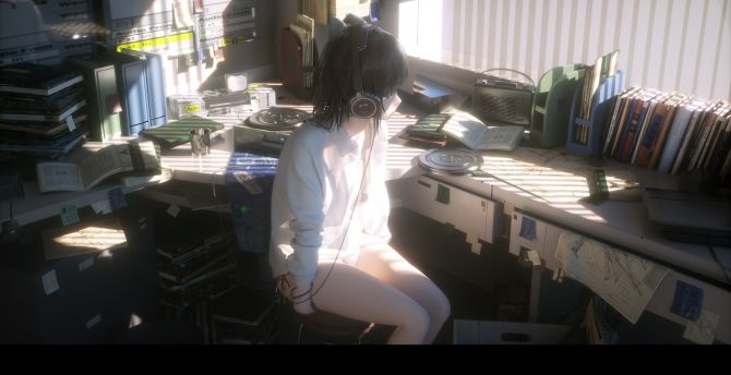 Anime girl, headphone, short hair, original wallpaper