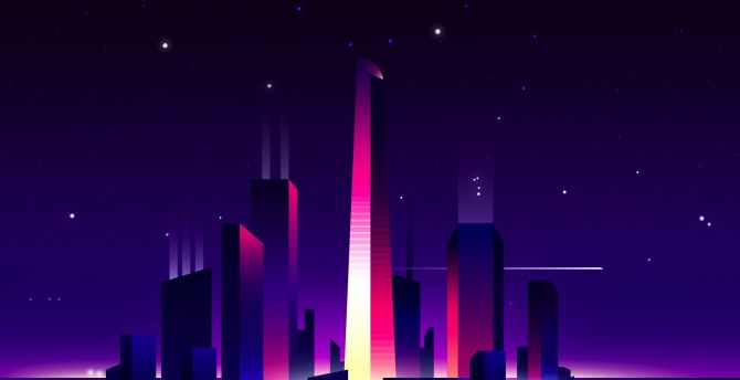 Purple sky, cityscape, buildings, sky, night, art wallpaper