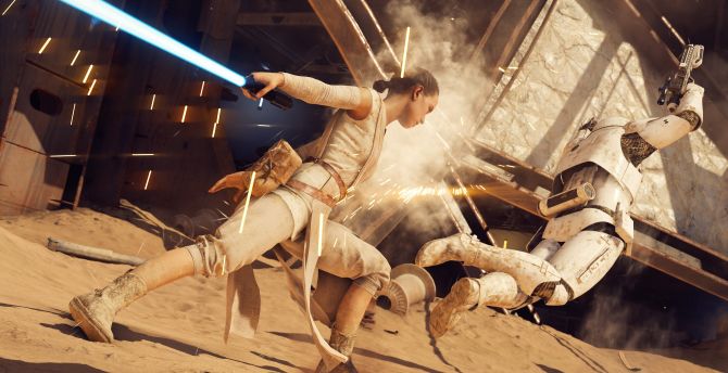Rey, star wars battlefront ii, video game, fight wallpaper