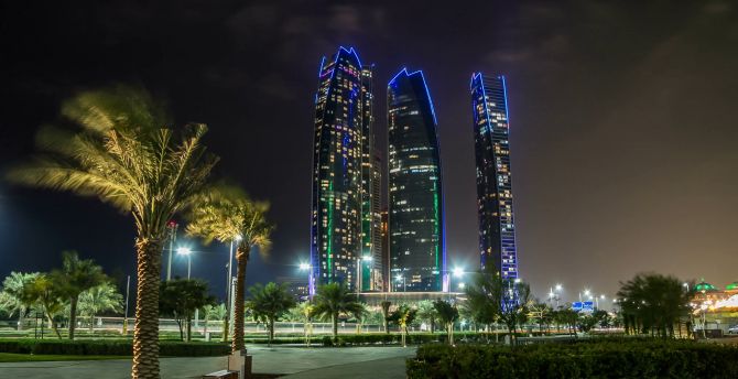 Night of city, Etihad Towers, Abu Dhabi, city wallpaper
