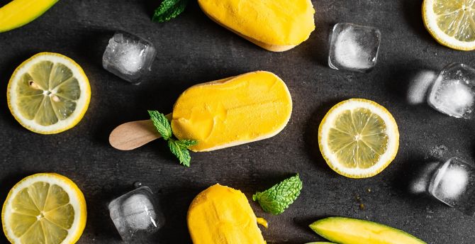 Summer, yellow ice candy, ice cubes, lemon slices wallpaper