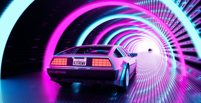 Retro artwork, DeLorean, car run through portal wallpaper