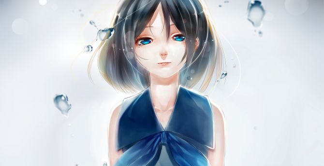 Blue eyes, anime girl, water drops, art wallpaper