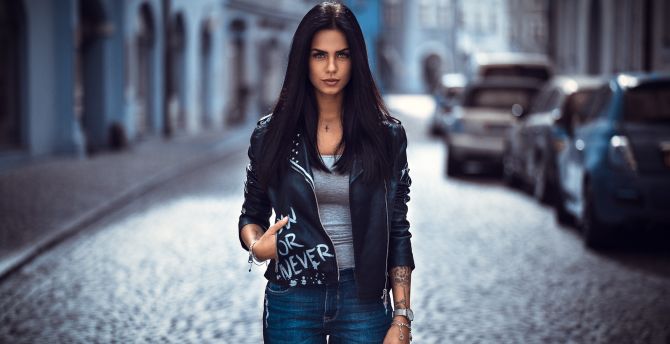 Street, portrait, leather jacket, girl model wallpaper