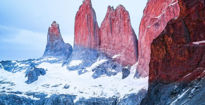 Red cliffs, lake, mountains, nature wallpaper