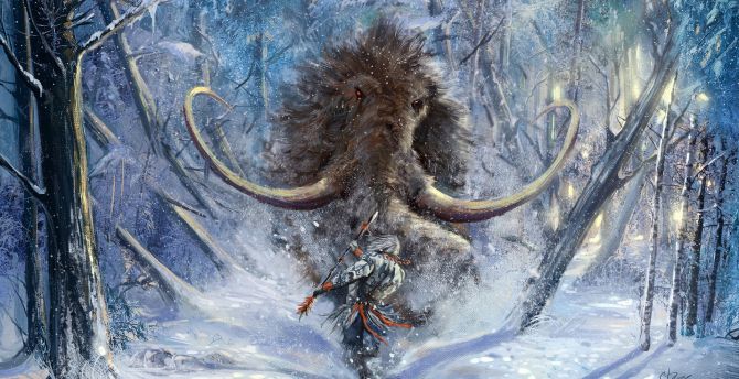 Mammoth and man, fantasy, art wallpaper