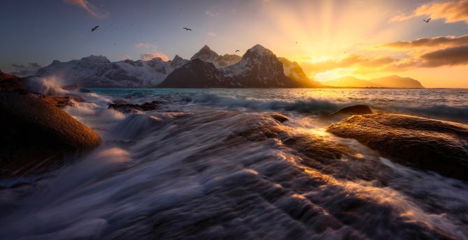 Coastal waves, Norway's Lofoten islands, nature, sunset wallpaper
