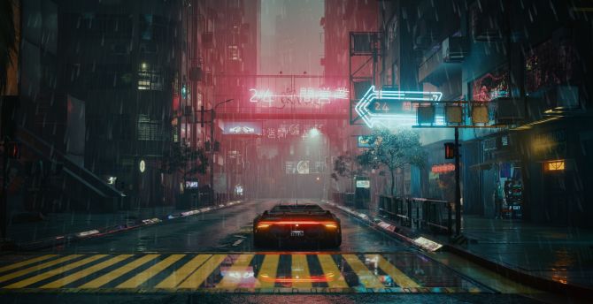 Cyberpunk, game, city shot, car wallpaper
