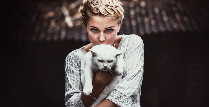 Cat and woman, blonde, beautiful wallpaper
