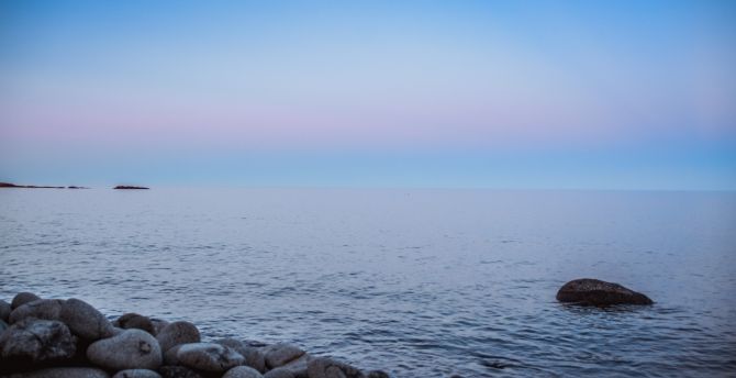 Coast, water, skyline, rocks, sunset, blue sky wallpaper