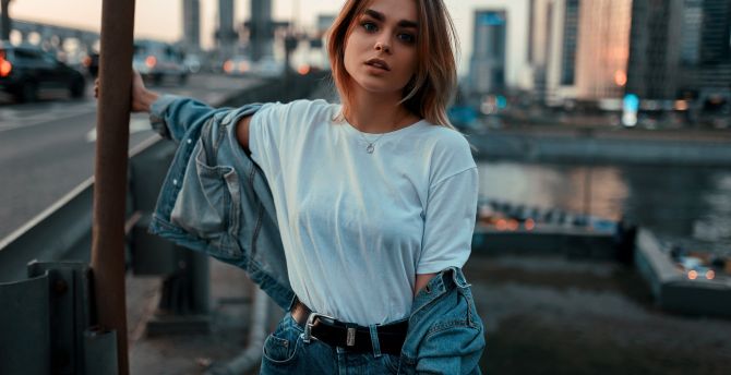 Woman model, jeans jacket, gorgeous wallpaper