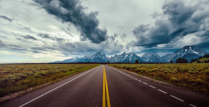 Marks, highway, road, landscape, mountains, clouds, nature wallpaper