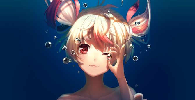 Cute, anime girl, underwater, bubbles wallpaper