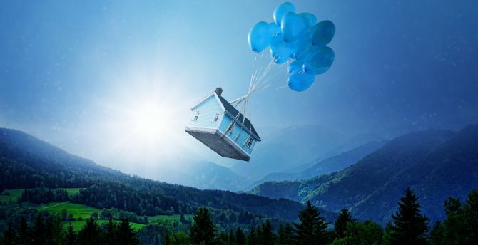 House, balloons, flight, dream, surreal wallpaper