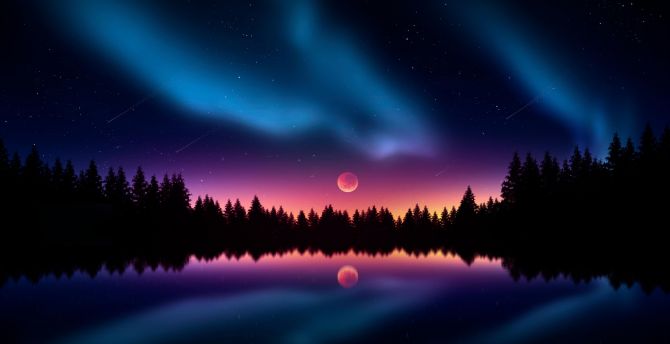 Colorful, night, stars, silhouette, lake, reflections wallpaper
