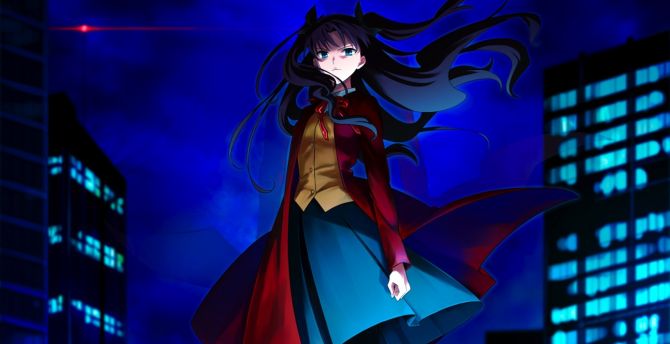 Red coat, Rin Tohsaka, TYPE-MOON, long hair, anime wallpaper