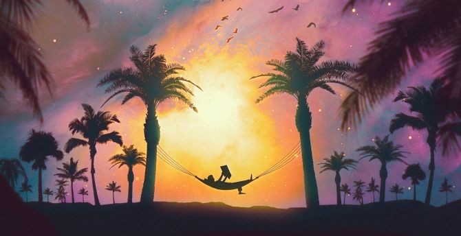 Relaxing, silhouette, sunset, art wallpaper
