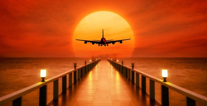 Airplane, photoshop, pier, sunset wallpaper