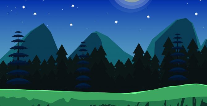 Digital art, night, mountains, trees wallpaper