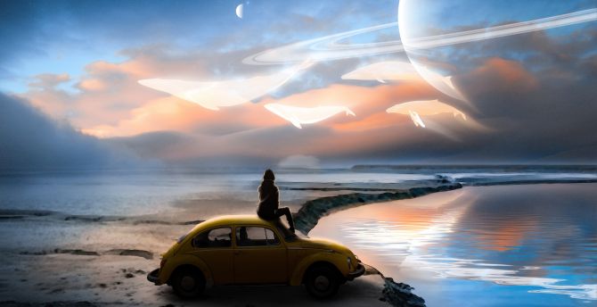 Fantasy, precious time with self, car and girl, beach, artwork wallpaper