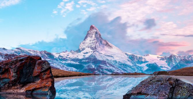 Matterhorn, mountains, nature, frozen lake, reflection, winter wallpaper