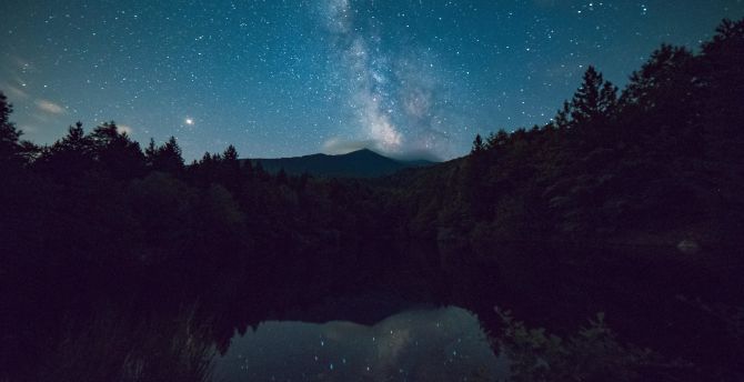 Lake, forest, night, milky way, reflections, night wallpaper