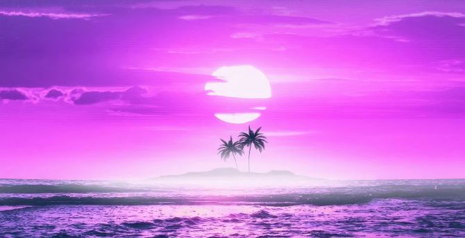 Violet sunset, beach, synthwave, minimal wallpaper