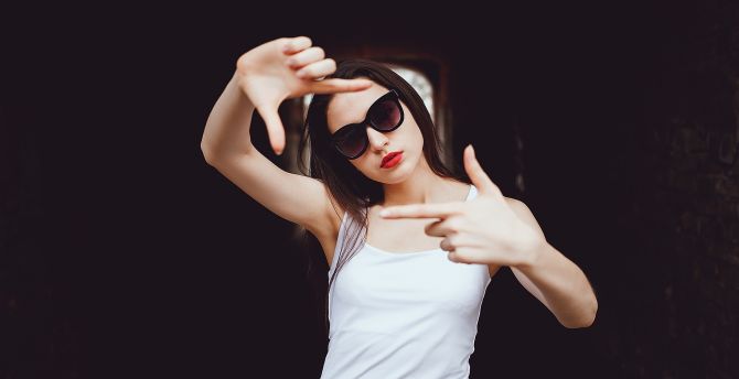 Woman, white t-shirt, model, sunglasses wallpaper