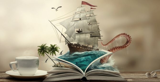 Book, sailing ship, boat, fantasy, photoshop art wallpaper