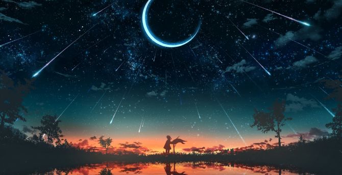 Anime, original, night, crescent, silhouette, star trails wallpaper