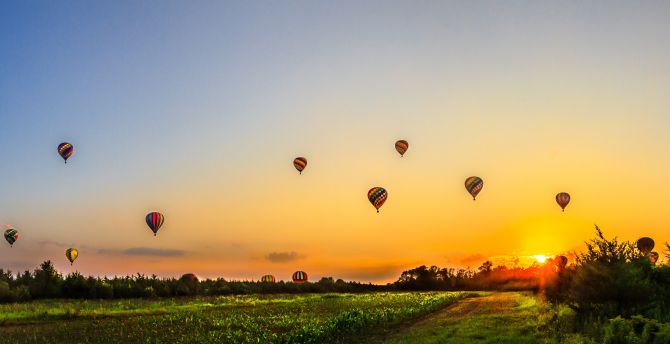 Balloons, sky, sunrise, landscape, nature wallpaper