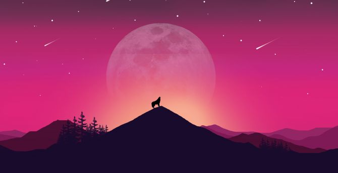 Wolf and moon, night, digital art wallpaper