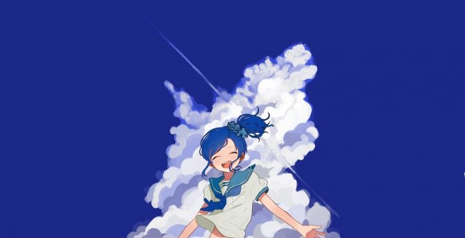 Happy mood, clouds, blue sky, anime girl wallpaper