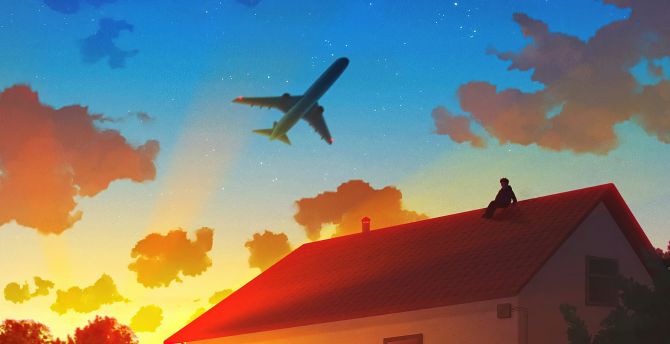 Flight over house, anime, original wallpaper