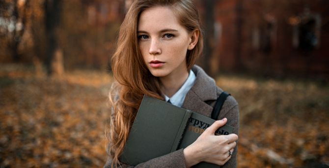 Russian model, girl with book, outdoor wallpaper