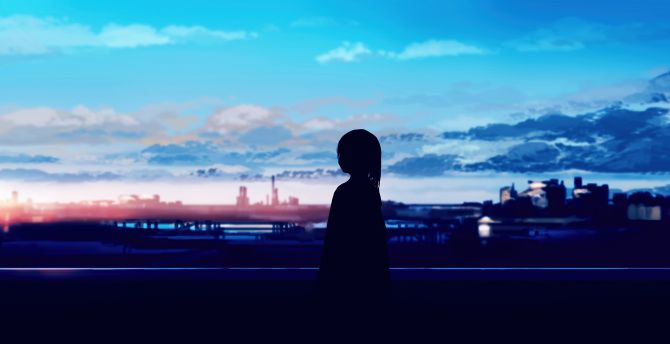 Anime girl, silhouette, pretty sunset, art wallpaper