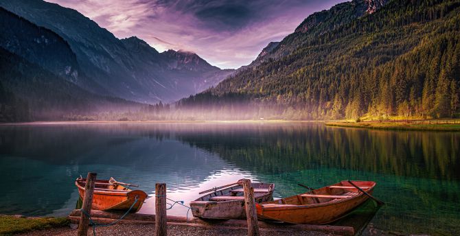 Boats, Lake Jägersee, mountains, Austria wallpaper