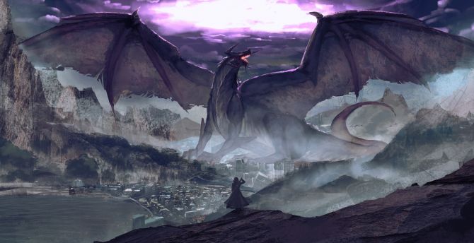 Dragon and warrior, fantasy, digital art wallpaper