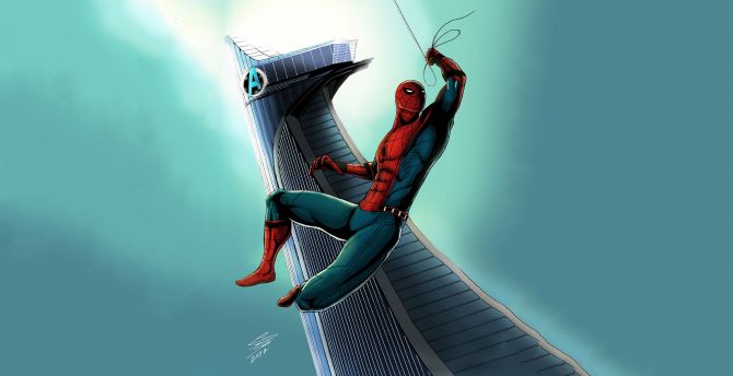 Avenger tower, spider-man, swing, artwork wallpaper