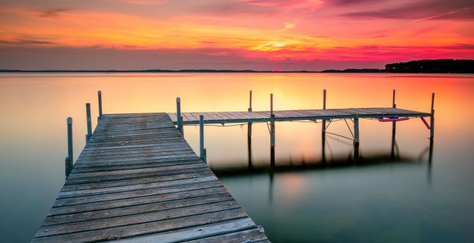 Wooden pier, calm lake, sunset wallpaper