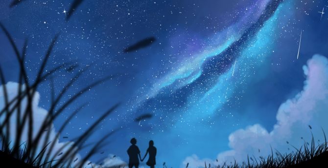 Couple, love, holding hands, outdoor, night, silhouette wallpaper