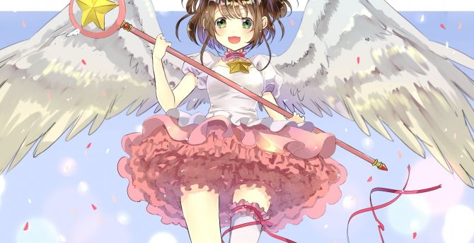 White wings, stick, anime girl, cute, sakura kinomoto wallpaper