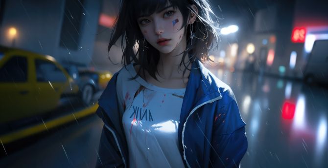 Anime girl in rain, 2023 fan art wallpaper