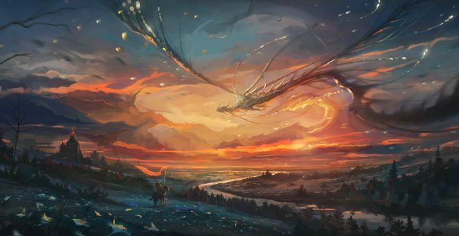 Fantasy, Warrior, dragon, flight, sunset, art wallpaper
