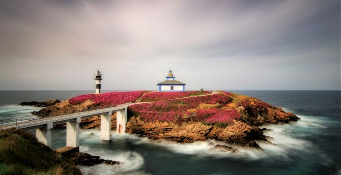 Lighthouse, island, bridge, sea wallpaper