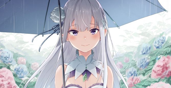 Emilia, Re:Zero, rain, umbrella wallpaper