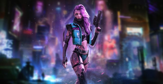 Cyberpunk, tattoo on body, girl with guns wallpaper