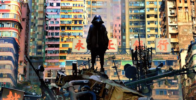 Cityscape, cyberpunk, man in hood, art wallpaper