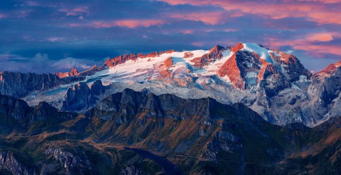 Mountains, glacier, summit, nature, sunset wallpaper