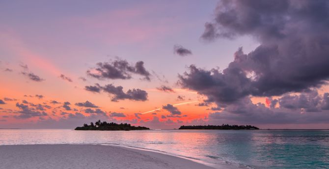 Beach, island, sunset, clouds, nature wallpaper